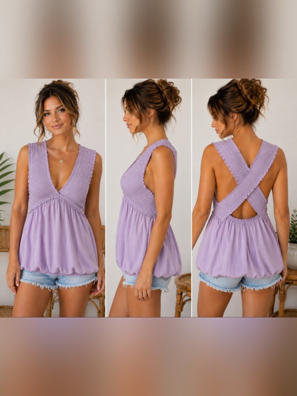 Express Lavender Smocked Cross Back Sleeveless Top L NWT Boho Rayon